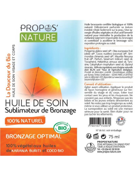 Huile de soin Sublimateur de bronzage 100% naturel étiquette
