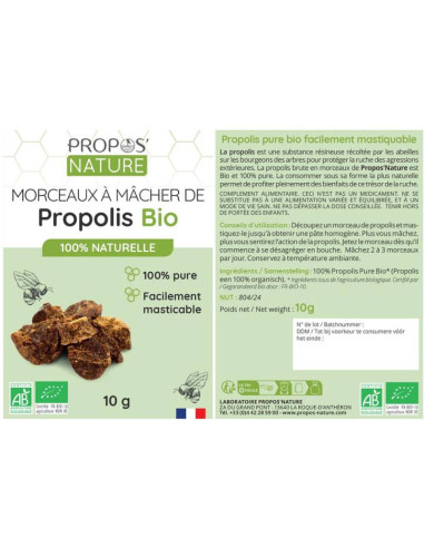 Morceaux de Propolis Pure à Mâcher Bio - Propos-nature étiquette