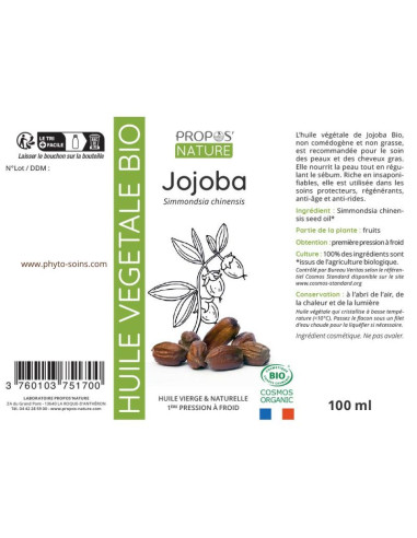 Huile Végétale de Jojoba BIO cosmos organic - Propos nature étiquette