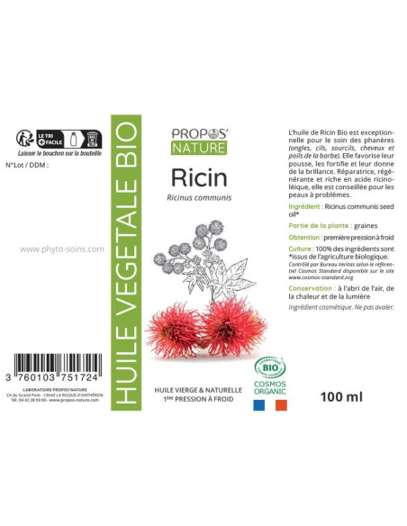 Huile Végétale de Ricin BIO cosmos organic- étiquette - Propos nature